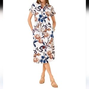 Talbots Petite Modern Poplin Midi Shirtdress Verdant Botanical Belted Pockets